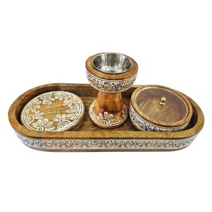 Handcrafted <b>Mango</b> <b>Wood</b> Incense Burner Gift Set With White Floral Carvings Including Coaster Serving <b>Tray</b> And Storage Jar - Product Image 3