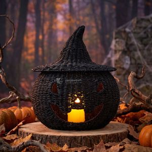 Portavelas de mimbre negro con forma de calabaza Jack O' Lantern, sombrero de bruja, hecho a mano, para almacenamiento de dulces de Halloween, decoración interior - Product Image 3