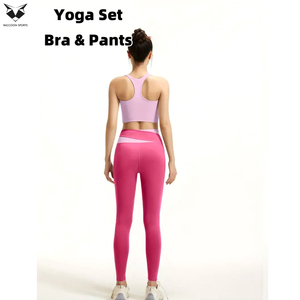Conjunto de yoga de dos piezas color rosa con bloques de color, top deportivo de secado rápido para correr y pantalones de yoga con cintura y efecto moldeador. - Product Image 2