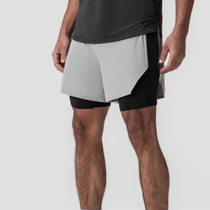 Shorts de sport gris uni pour homme, à empiècements, séchage rapide, taille mi-haute, taille élastique, en tissu Spandex Nylon - Product Image 2