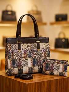 Sac fourre-tout vintage en jacquard damassé fait main avec pochette assortie - Product Image 2