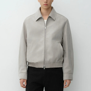 Blouson bomber en daim gris pour homme, col rabattu, fermeture éclair, style décontracté, coupe classique, couleur unie, pour l'automne - Product Image 1