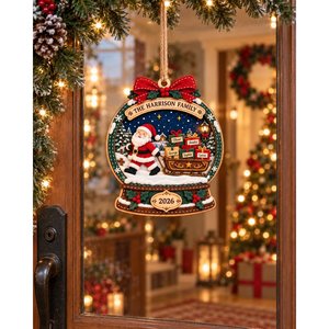 Ornement de boule à neige de Noël personnalisé avec nom de famille, traîneau du Père Noël, décoration d'arbre en bois - Product Image 3