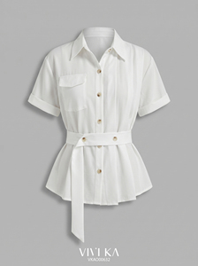Camisa Asimétrica Plisada con Cinturón para Mujer, Modelo SILAS, Casual, Blanca, Disponible, Estilo Simple para el Día a Día, Verano, Corte Regular - Product Image 2