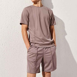 Nouvel ensemble décontracté pour homme : T-shirt à manches courtes et short en coton respirant, ensemble de survêtement tricoté uni doublé pour homme - Product Image 5