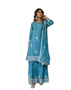 Ensemble Salwar Kameez en soie brodée bleue avec dupatta pour femme, tenue traditionnelle indienne pour mariage, coupe régulière longueur entière - Product Image 3