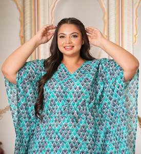 Vente en gros de kaftans en coton cambric à imprimé géométrique, manches kimono, col en V, pour femmes, plusieurs couleurs, vêtements de détente - Product Image 1
