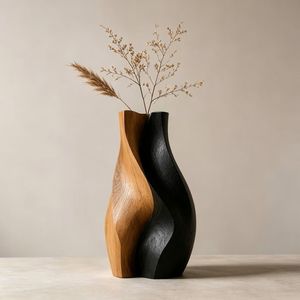 Vase de table en bois fait main, design Art Déco, finition bois noir et naturel, décoration moderne pour la maison, idéal pour les mariages et les fêtes de pendaison de crémaillère - Product Image 1