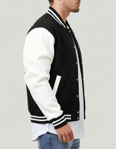 <b>Men</b> Black And <b>White</b> Varsity <b>Jacket</b> Regular Fit Cotton Polyester Baseball Style Casual Outerwear With Button Closure <b>Jackets</b> - Product Image 6
