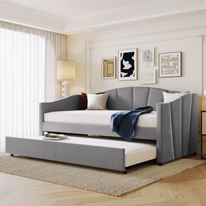 Divano letto imbottito a una piazza e mezza con letto estraibile, grigio, con doghe in legno, stile contemporaneo - Product Image 1