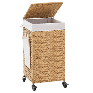 Panier à linge roulant en jacinthe d'eau naturelle tressée avec couvercle et roulettes - Product Image 1