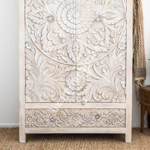 Luxury Handcrafted Solid Wood 2 Door <b>Wardrobe</b> Ornate Botanical Mandala Carving White Distressed Finish - Product Image 2