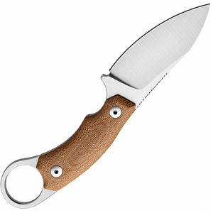 Cuchillos de Caza con Empuñadura Texturizada Marrón Bronceado, Hoja Fija Plateada, Anillo Metálico para el Dedo y Funda de Cuero Negro para Camping y Senderismo - Product Image 4