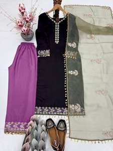 Traje de mujer moderno de secado rápido con top, pantalón y dupatta de seda romana pesada con bordado de esquinza - Product Image 4