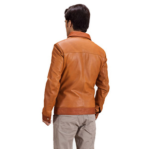 Veste en cuir véritable pour homme, marron, col rabattu, coupe ajustée, hiver, imperméable, respirante, manches classiques, couleur unie - Product Image 2