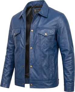 เสื้อแจ็คเก็ตหนัง PU สีน้ำเงินสำหรับผู้ชาย แบรนด์ Desire ปกคอพับ ติดกระดุม สวมใส่สบายๆ ในฤดูใบไม้ร่วง ความยาวปกติ สีพื้น - Product Image 5
