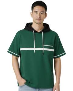T-shirt à capuche vert personnalisé pour homme à manches courtes avec capuche noire, poche à rayures contrastées, style streetwear décontracté, pull-over, vente en gros OEM - Product Image 1