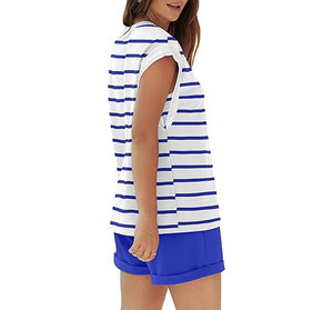 Venta al por mayor: Camiseta deportiva informal de verano para mujer, estilo vintage, con diseño de agujeros, color liso, con encaje, botones en el tobillo, cuello redondo y manga corta, personalizable. - Product Image 2