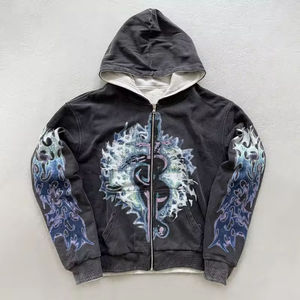 Sweat à capuche zippé surdimensionné effet vieilli personnalisé 280350 GSM 100% coton molletonné |   Streetwear Winter Blue Flame |   Marque privée - Product Image 3