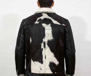 <b>Mens</b> Custom Genuine Cowhide Leather <b>Jacket</b> Black and <b>White</b> Animal Print Real Hair on Hide Winter Fashion Streetwear Outerwear - Product Image 2