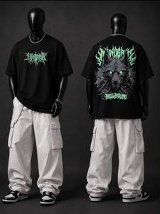 T-shirt noir surdimensionné imprimé tête de loup, style streetwear pour homme, manches courtes, col rond, 100% coton jersey, coupe douce - Product Image 2