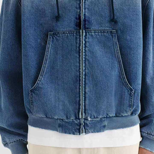 เสื้อแจ็คเก็ตฮู้ดดี้ยีนส์สีน้ำเงินวินเทจสำหรับผู้ชาย สกรีนโลโก้ได้ ทรงพูลโอเวอร์ แต่งดีเทลขาดๆ สไตล์สตรีทแวร์ลำลอง ผ้าฝ้าย 100% ระบายอากาศได้ดี - Product Image 5