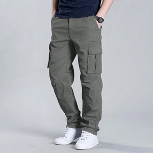 Pantalon cargo gris pour homme, taille élastique, plusieurs poches, respirant, coton mi-lourd, style décontracté, automne - Product Image 1