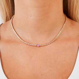 Heart Cut Pink Sapphire Tennis <b>Choker</b> Necklace 10k 14k Solid Gold Round Moissanite Classic Layering Statement Necklace For women - Product Image 4