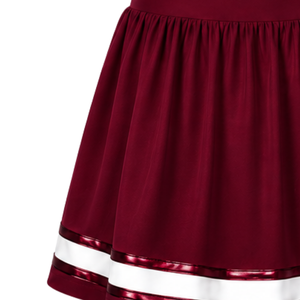 Jupe de cheerleading bordeaux plissée, jupe d'uniforme athlétique avec bordure rayée, tenue de performance d'équipe, vêtements de sport personnalisés - Product Image 3
