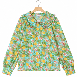 Blusa de Manga Larga con Estampado Floral para Mujer, Cuello con Volantes Plisados, Botones al Frente, para Oficina y Venta al por Mayor para Boutiques - Product Image 1
