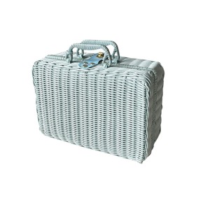Cute Mint Green Rattan Woven Suitcase <b>Basket</b> with <b>Handle</b> - Decorative Handmade Vintage Picnic Trunk for Kids Nursery - Product Image 1