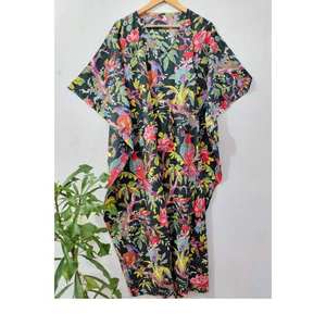 Robe maxi en coton doux de style indien ECH-320 Ethinic Craft Hub, manches courtes, imprimé floral, kaftan pour femmes, taille XL - Product Image 1