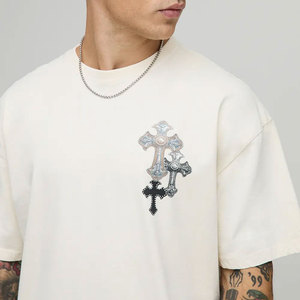 Pakistan Made Oversized <b>White</b> T-Shirt Short Sleeve O-Neck Cross Print Jersey Fabric Casual Style Breathable Fit Rhinestone <b>Tee</b> - Product Image 5