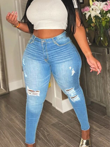 <span class=keywords><strong>Jeans</strong></span> da <span class=keywords><strong>donna</strong></span> a vita alta elasticizzati slim con tasche e cerniera, strappati, in denim, taglie forate, taglie forti - Product Image 1