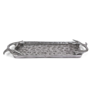 Bandeja Rectangular de Aluminio Martillado al por Mayor con Asas de Asta Ornamentadas, Plato Decorativo Plateado Antiguo para Mesa del Hogar - Product Image 1