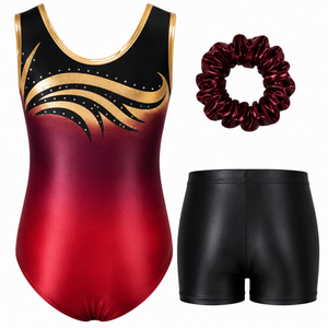 Girls Slim <b>Gymnastics</b> <b>Leotard</b> <b>Shorts</b> Set Sleeveless Scrunchie Printed Gradient Red Black Gold Rhinestone Mid-Waisted Lightweight - Product Image 1