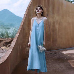 Robe mi-mollet en lin à manches courtes, taille ajustée, ourlet sirène, fermeture éclair au dos, robe élégante et minimaliste, grandes tailles pour femmes - Product Image 2