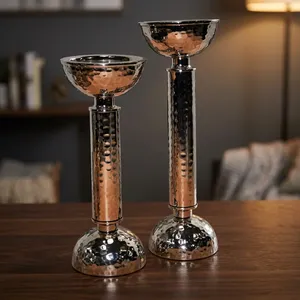 <b>Silver</b> Hammered Metal Candle Holders Set Round Contemporary Home Decor Indoor Tabletop Living Room 100% Handmade - Product Image 2