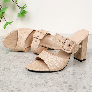 Simple All-Match Chunky High <b>Heel</b> Stiletto Pointed Toe Women's Summer Outdoor Slide Sandals with Buckle Closure - Product Image 2