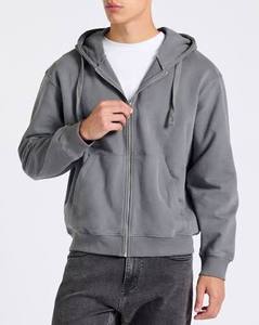 Sweat à capuche numérique gris uni pour homme, anti-rétrécissement, doublé polaire, avec fermeture éclair et poignets côtelés, coupe longue et régulière, 260g, collection automne - Product Image 1