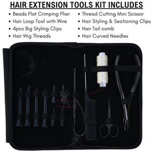 Kit de Herramientas para Extensiones de Cabello Negro: Alicates Planos para Crimpar, Herramienta de Bucle con Peine de Alambre, Agujas Curvas, Hilos para Pelucas, Mini Tijeras y Clips - Product Image 2