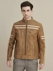 Blouson en cuir véritable pour homme, veste de moto à capuche pour jeunes hommes, blousons en cuir noir brodés - Product Image 1