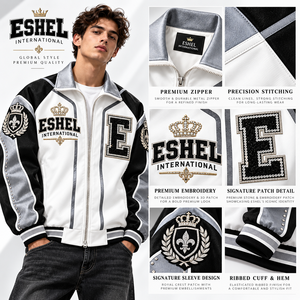 Veste varsity pour homme à blocs de couleur, avec badge brodé, fermeture éclair, col rabattable, coupe-vent style hip-hop - Product Image 2