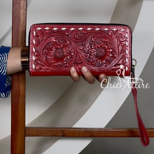 High Quality Tooled Genuine Leather Handmade Floral Pattern <b>Women</b> Clutch Western Style <b>Credit</b> <b>Card</b> <b>Holder</b> Zip Closure Wallet - Product Image 1