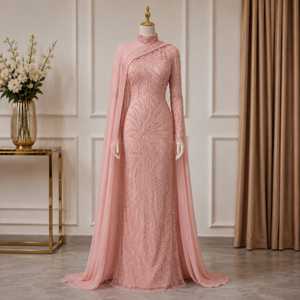 Robe de soirée de luxe rose poudré perlée avec manches cape, robe de créateur modeste, style Abaya islamique, caftan - Product Image 1