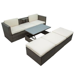 Set di Mobili da Giardino in 5 Pezzi con Divano in Vimini a Schienale Regolabile, Pouf e Tavolino da Caffè con Piano Sollevabile per Intrattenimento all'Aperto - Product Image 5