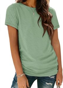T-shirt décontracté pour femme, vert, col rond, manches courtes, coupe ample, couleur unie, en coton tricoté respirant, idéal printemps-été - Product Image 4