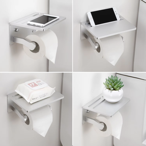 OEM/ODM Vietnam Silver <b>Self</b> <b>Adhesive</b> Toilet Paper Holder with <b>Shelf</b> – Wall Mounted Tissue Holder with Phone Storage - Product Image 2