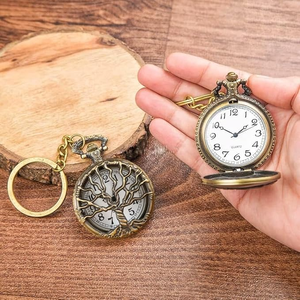 Porte-clés montre de poche vintage en métal Arbre de Vie, pendentif horloge squelette rond orné avec chaîne pour cadeau - Product Image 4