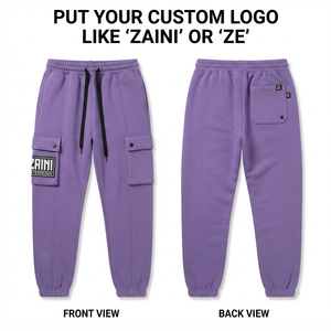 Premium 320 GSM Cotton Fleece Men <b>Jogger</b> <b>Pant</b> Purple <b>Cargo</b> Style Elastic Cuffs Custom Woven Label Patch Streetwear Sweatpants - Product Image 1
